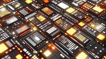 Complex circuit board network with glowing components.