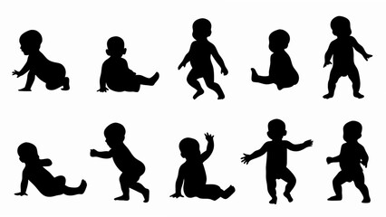 set of baby and toddler silhouette vector on white background