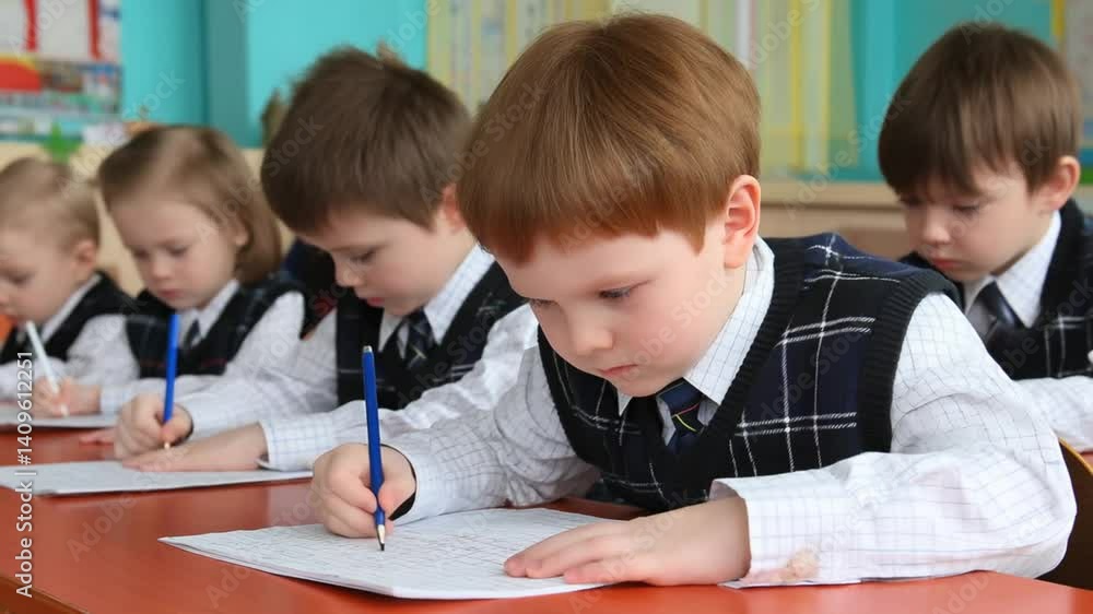 Poster brilliant boy in elementary school writes during test in classroom generative ai