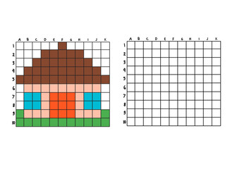 House pixel art activity for kids. This copy-the-picture worksheet helps children practice grid drawing and color recognition by replicating a pixelated duck image from the left side to the right