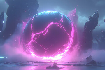 Cosmic sphere, bathed in vibrant neon light.