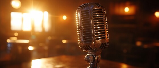 Vintage Microphone in a Warm-Lit Venue