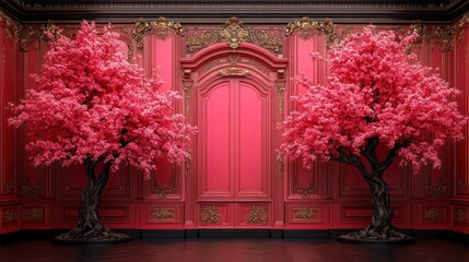 Ornate Red Room with Cherry Blossom Trees Creating a Floral Indoor Scene