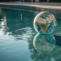 Fototapeta premium Globe in a swimming pool with tranquil mood reflecting nature