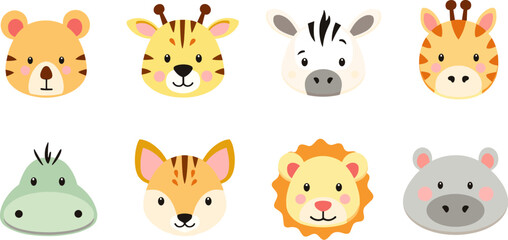 Fototapeta premium Cute vector illustration of cartoon animal faces including lion, tiger, giraffe, zebra, hippo, bear, fox, and rhino, designed in a flat and playful style for children.