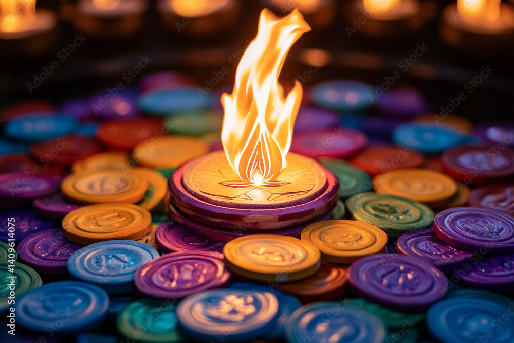 Poster a single flame illuminates colorful tokens creating a warm inviting scene