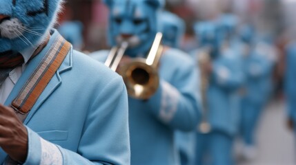 Performers in oversized blue cat masks, unified in their attire, parade through the street, creating a whimsical and enigmatic atmosphere.
