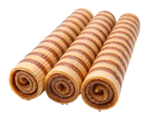  Three brown striped wafer rolls isolated on white background