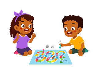 Two happy kids playing board game together with smiles and excitement on a colorful board