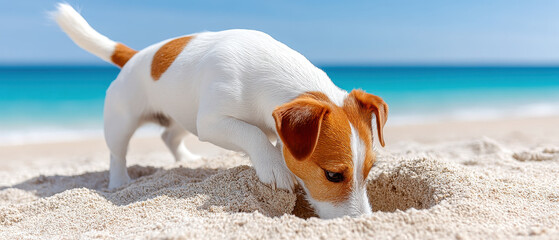 playful dog enjoys day beach digging sand while sun shines brightly and waves gently lap shore. This digital detox moment captures joy of nature