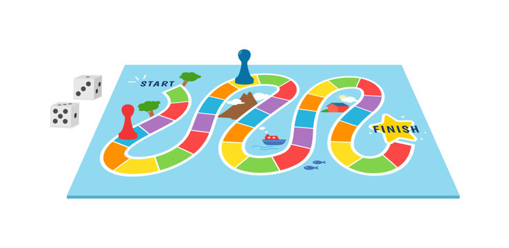 Illustration of a board game with pawns and dice on a blue background - Powered by Adobe