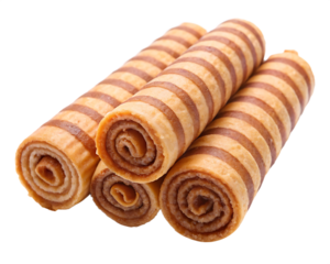  Three brown striped wafer rolls isolated on white background