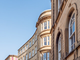 street of 19th century neoclassical buildings in the Bradford Little Germany District