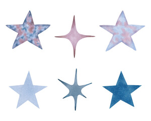 Set of blue, purple stars. Watercolor illustrations. Clip art of space elements of the sky. Night sky magic, astrology. Hand drawn isolated art. Night lights for childrens decor, space prints