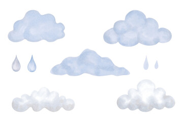 Set of blue clouds with raindrops. Watercolor illustration. Minimalistic style. Hand drawn isolated sky elements clipart. Cartoon kid sketch for clothes prints, cards, baby shower, bedroom, fabric
