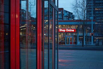 Naklejka premium Urban Shopping Scene with Glossy Red Storefront and Online Signage