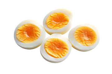 Whole and sliced hard-boiled eggs with firm yolk isolated on white transparent background, representing food and nutrition concepts