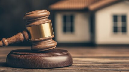 Legal auction gavel resting on wooden surface with miniature house in soft focus background for real estate and law concepts
