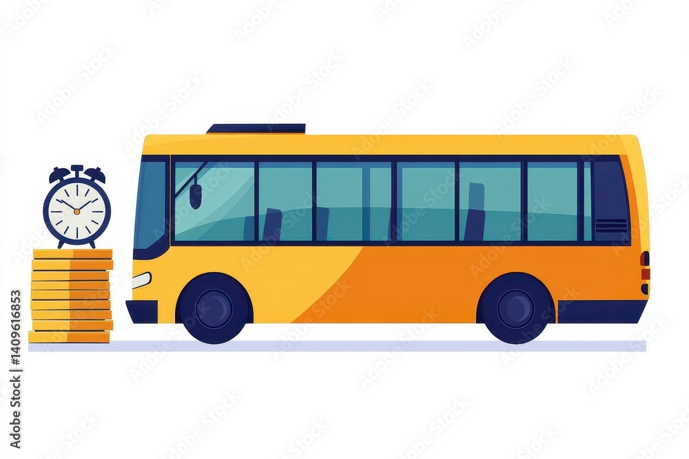 Poster yellow bus with clock and stacked coins illustrating transport timing