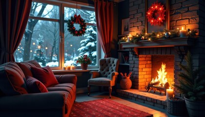 Obraz premium Cozy winter evening with a crackling fireplace and decorated holiday window, holiday window, fireplace, snowy night