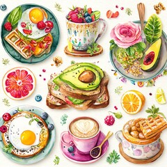 Delicious breakfast foods arranged in colorful and artistic style.