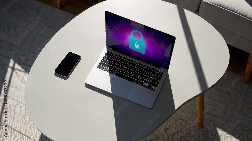 Poster Modern laptop displaying security software with lock icon on screen, placed on a stylish coffee table in a sunlit living room, suggesting a secure and protected digital environment