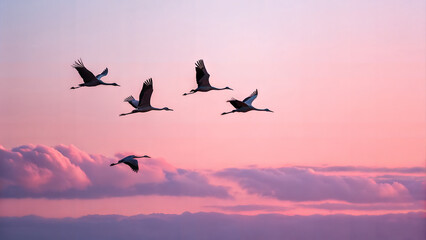 Obraz premium Flock Of Cranes Flying Across A Vivid Sunrise Sky With Clouds Below