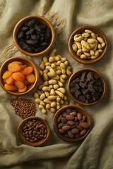 Selection of trail mix featuring roasted peanuts, sunflower seeds, dried apricots, dark chocolate chunks in wooden bowls on linen cloth