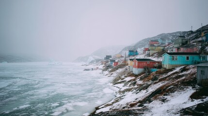 A foggy day reveals colorful houses perched on icy cliffs above a frozen sea.
