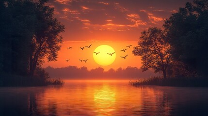 Fototapeta premium Orange sun setting behind trees with glowing sky and flying geese, low-angle view over calm lake, warm and tranquil countryside vibe 