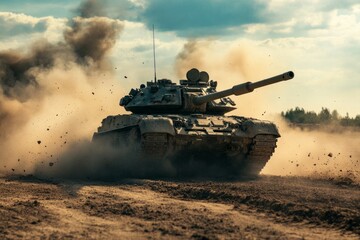 Tank crossing forest stream at daybreak with splashing water. Artificial Intelligence image