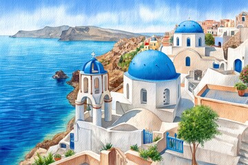 Watercolor Painting of a Sunny Coastal Village with Blue Domed Churches