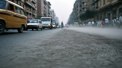 Fototapeta premium Traffic dust rises as city vehicles rush by in an urban panorama dominated by movement.