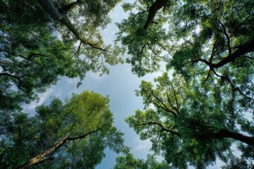 Fototapeta premium A wide-angle view of the canopy from below, looking up at trees with green leaves against a blue sky