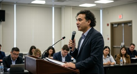 Confident Male Speaker Delivering a Presentation at a Conference