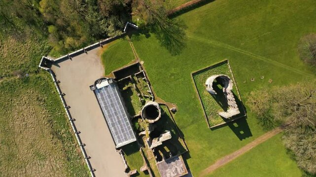 Ascending overhead aerial video of Shane's Castle in County Antrim, Northern Ireland. Filmed in 4K, 60 frames per second and with Rec709 color.