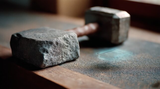 A vintage hammer lies on a wooden table, echoing the craftsmanship and durability of tools from a bygone era, juxtaposed with digital interface overlay. - Powered by Adobe