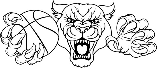 A panther, leopard or cougar wildcat jaguar cat basketball sports team mascot holding a ball © Christos Georghiou