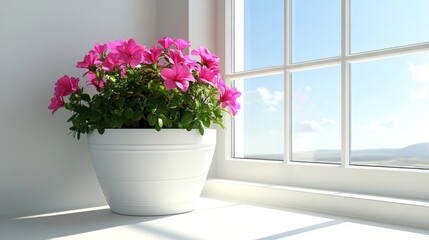 Fototapeta premium Pink Petunia Plant in White Pot Near Window with Sky View