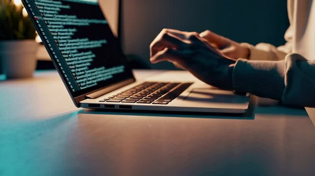 Software developer intensely coding new application on laptop, working late at night in dimly lit office with programming code displayed on computer screen