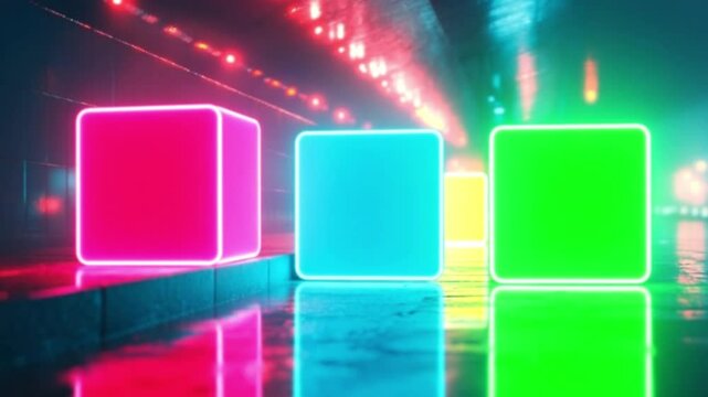 Three glowing cubes with intense neon flashing in the rain gradually move to the foreground. Cyberpunk style