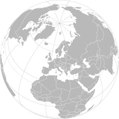 World vector map with country boundaries and graticules (Europe-centered view, orthographic projection, PPT-compatible & fully editable)