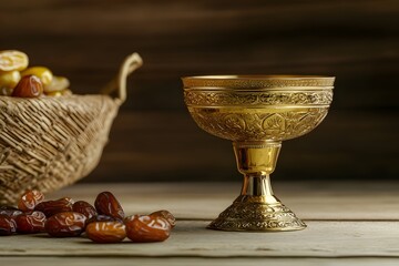 Background Soft light reflects from the Islamic lamp holder, while Ajwa dates on the edge bring a classic and blessed atmosphere
