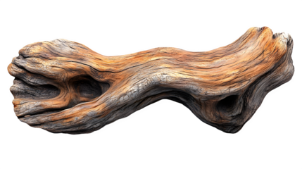 Natural driftwood piece dynamic shape isolated on white background, HD and realistic