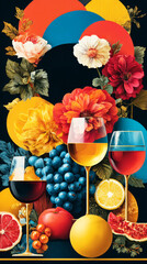 Naklejka premium Harmony of Wine and Fruits: A vibrant arrangement featuring diverse glasses of wine alongside an array of fresh, colorful fruits, flowers, and a splash of artistic geometric shapes.