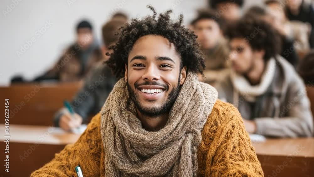 Poster student enjoying class in university lecture hall with peers generative ai