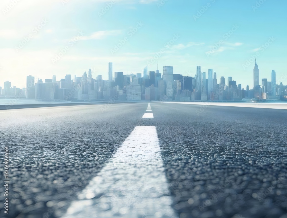 Aufkleber アスファルト道路が広がる都市風景 晴天の青空の下にそびえ立つ高層ビル群 遠近法による視覚効果
