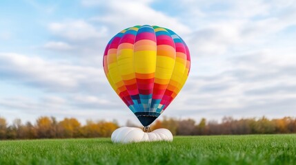 Obraz premium Colorful hot air balloon on a field. A vibrant hot air balloon, with a rainbow of colors, rests on a grassy field. Fluffy white clouds dot a light blue sky above