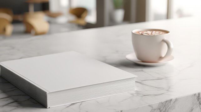 White blank book cover mockup on a marble table with a coffee cup in a modern cafe