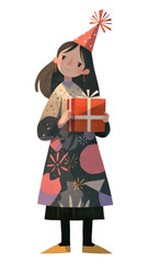 PNG Happy woman holding gift box hat illustration colorful.